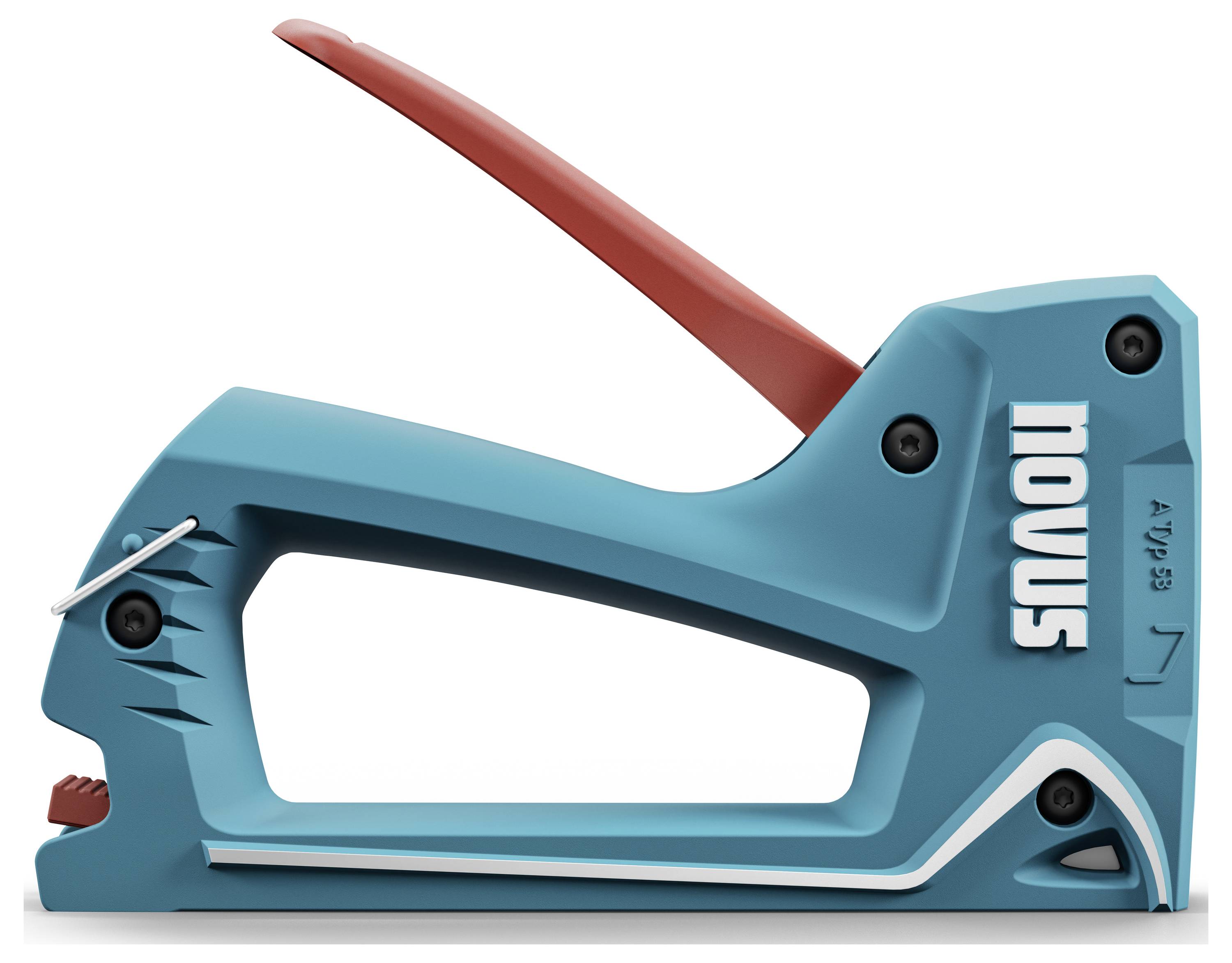 Turkusowy zszywacz ręczny, widok z boku, z czerwonym uchwytem. Nazwa modelu 'Novus' widoczna.