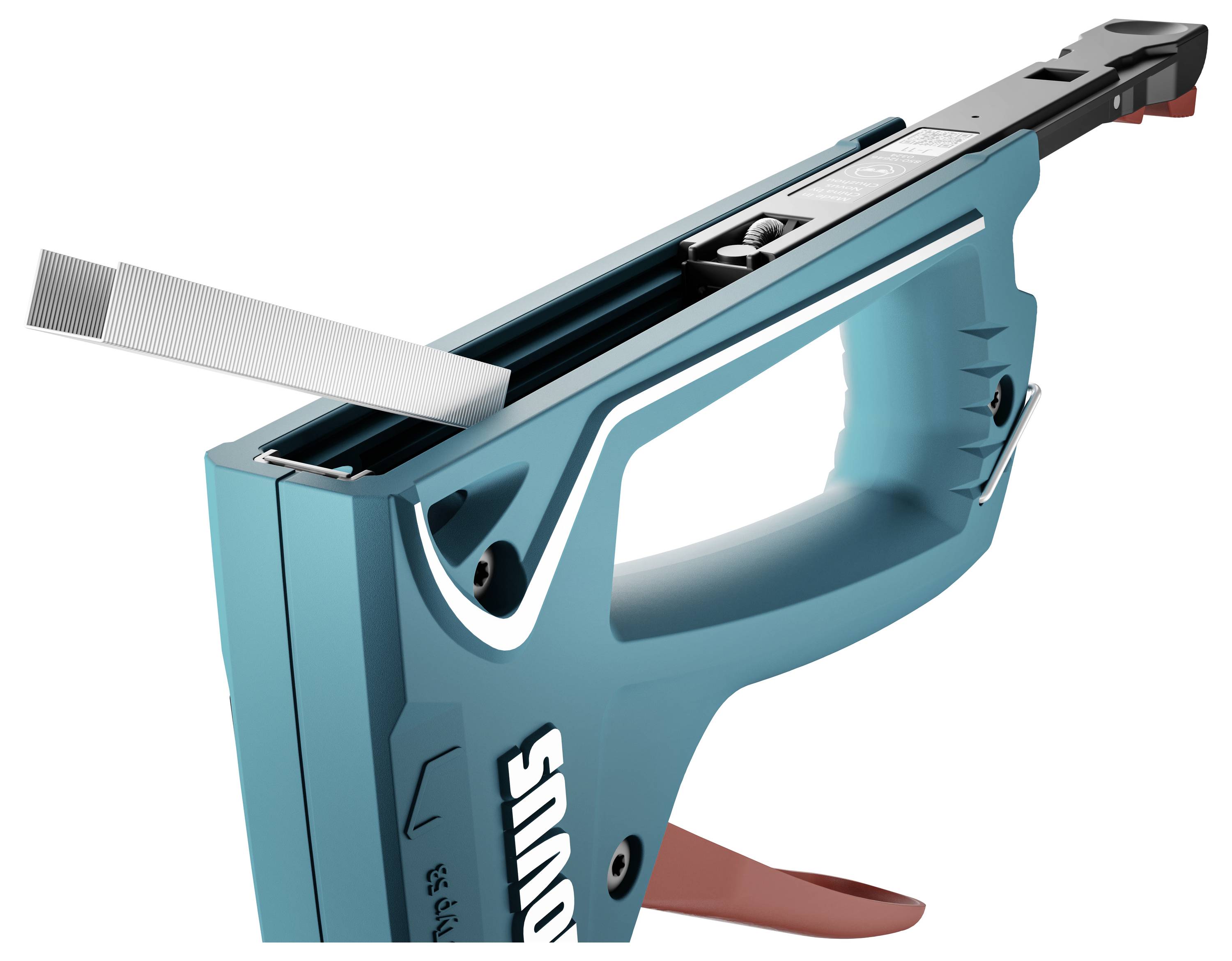 Zszywacz z ergonomicznym uchwytem i włożonym paskiem mocującym, gotowy do użycia.