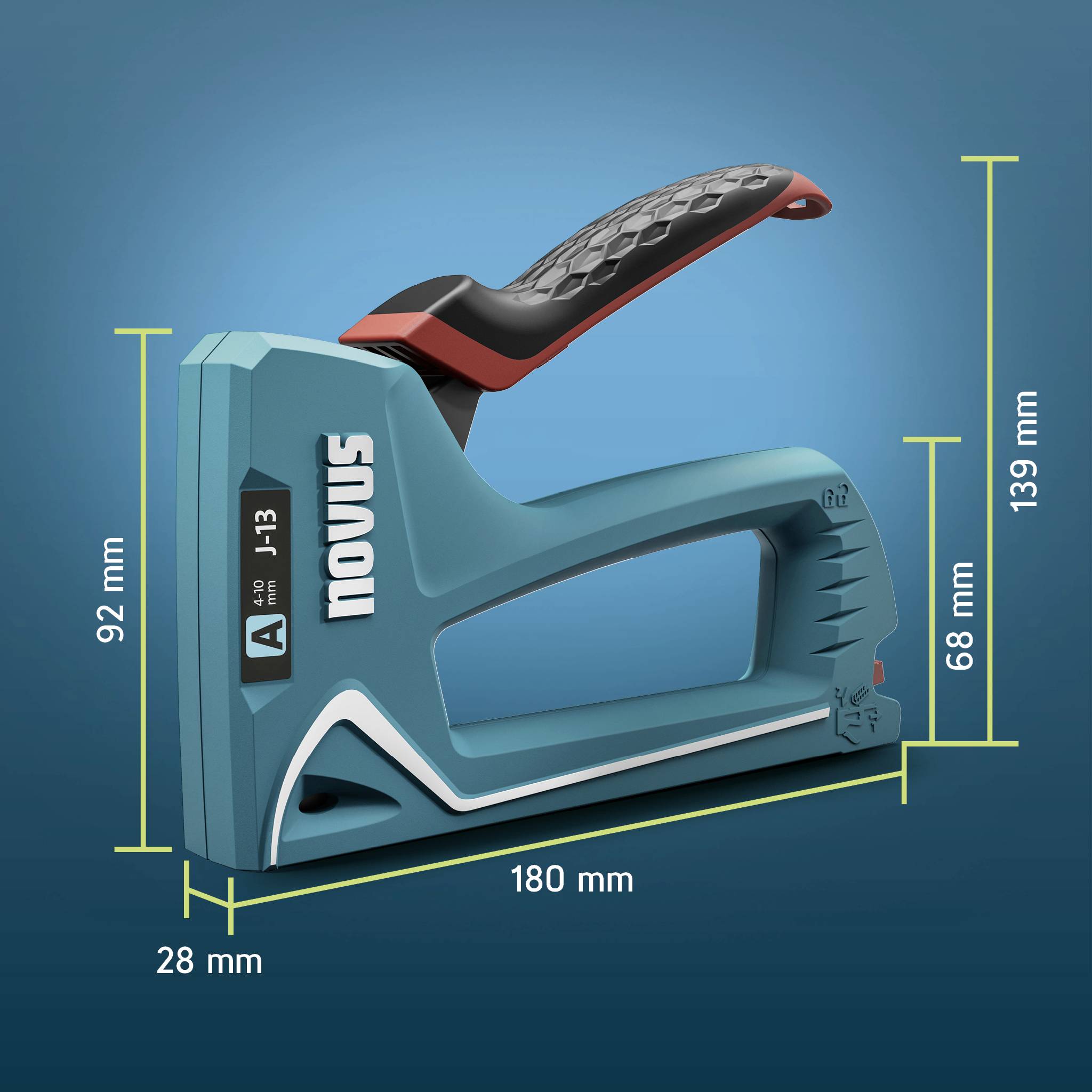 Zszywacz w kolorze niebiesko-zielonym z czerwonym uchwytem firmy 'Novus', o długości 180 mm, wysokości 139 mm, szerokości 92 mm i 68 mm. Model: A13.