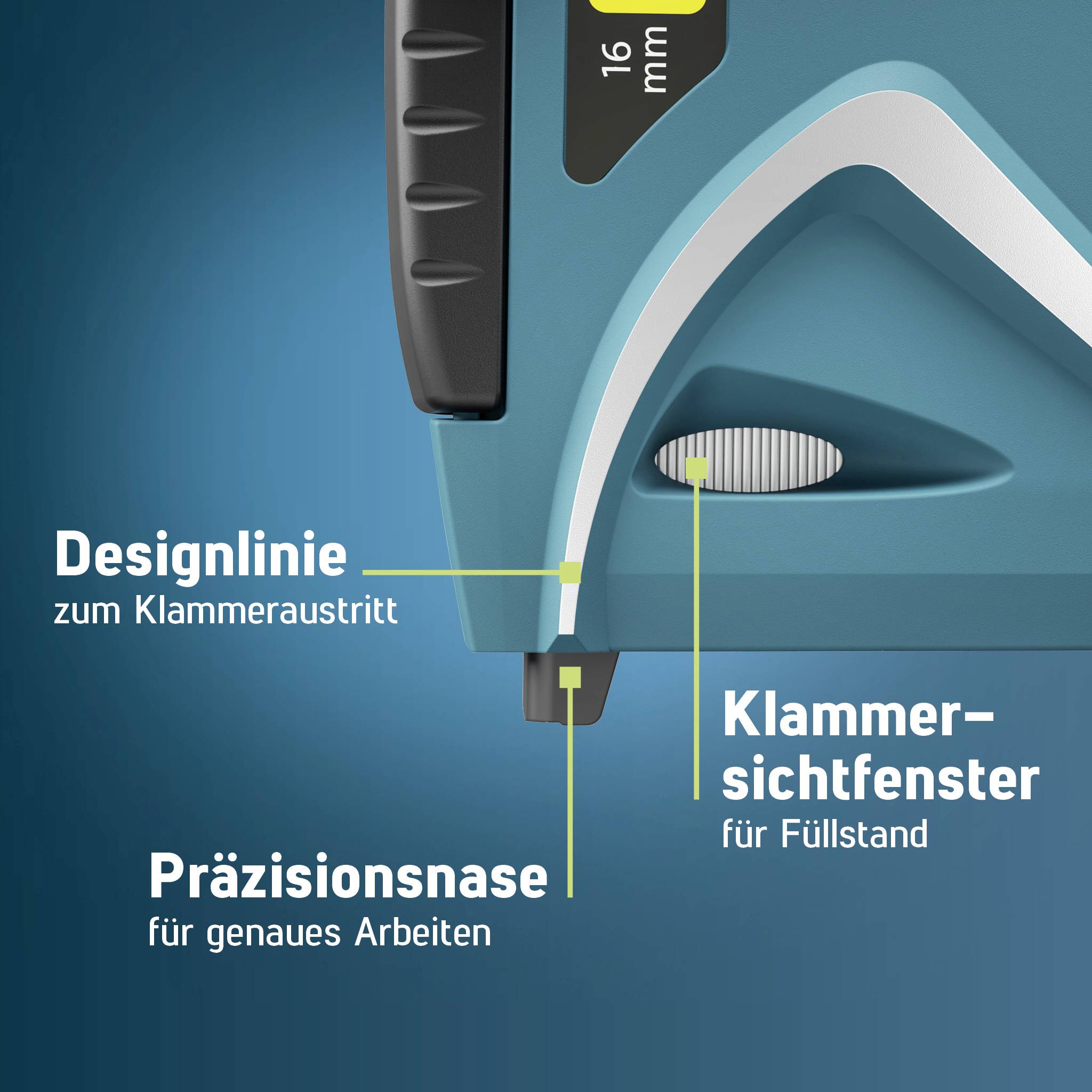 Ilustracja projektu dziurkacza: przedstawia linię designu, wyjście spinacza, precyzyjny nosek roboczego elementu oraz okienko kontrolne spinacza do wskazywania poziomu napełnienia.