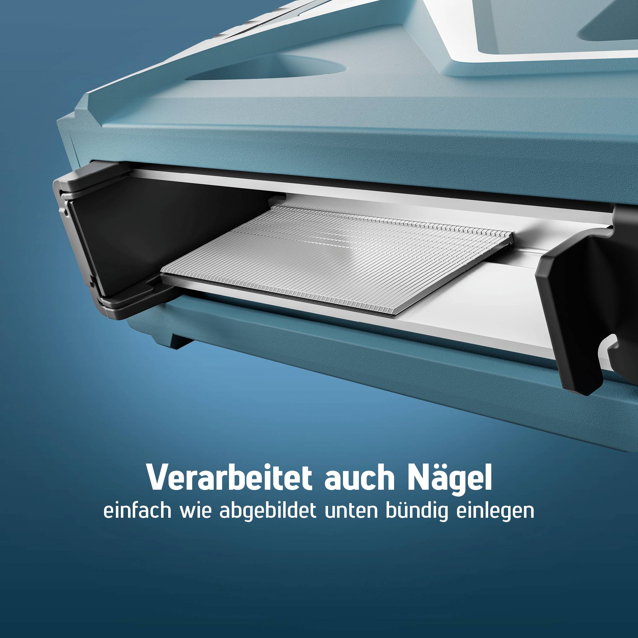 Niebieskie urządzenie przeznaczone do cięcia różnych materiałów, w tym również gwoździ. Tekst mówi: 'Przetwarza również gwoździe'.