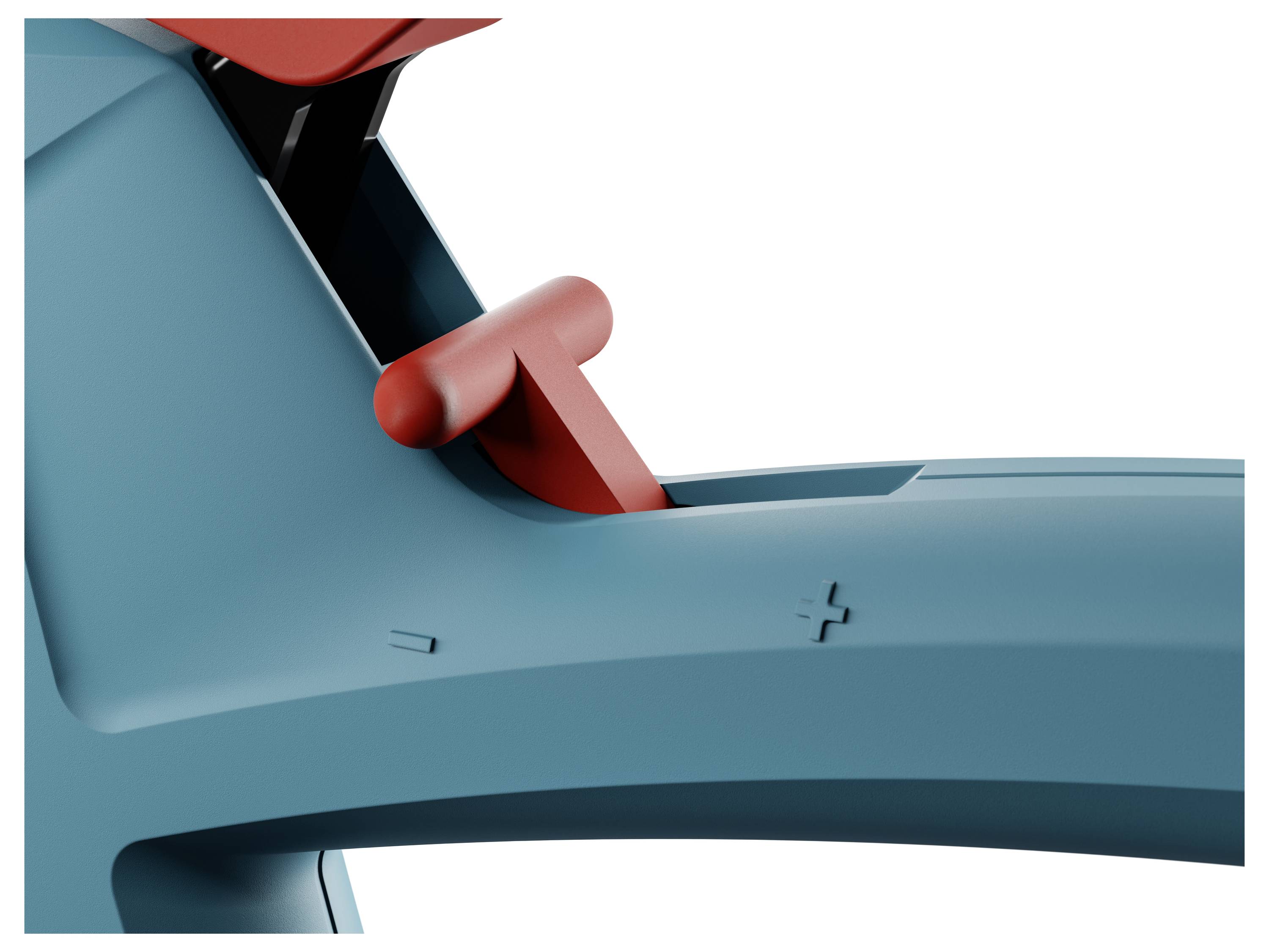 Zbliżenie niebieskiego, nowoczesnego mechanizmu z czerwoną dźwignią. Dźwignia wydaje się służyć do obsługi lub regulacji urządzenia.