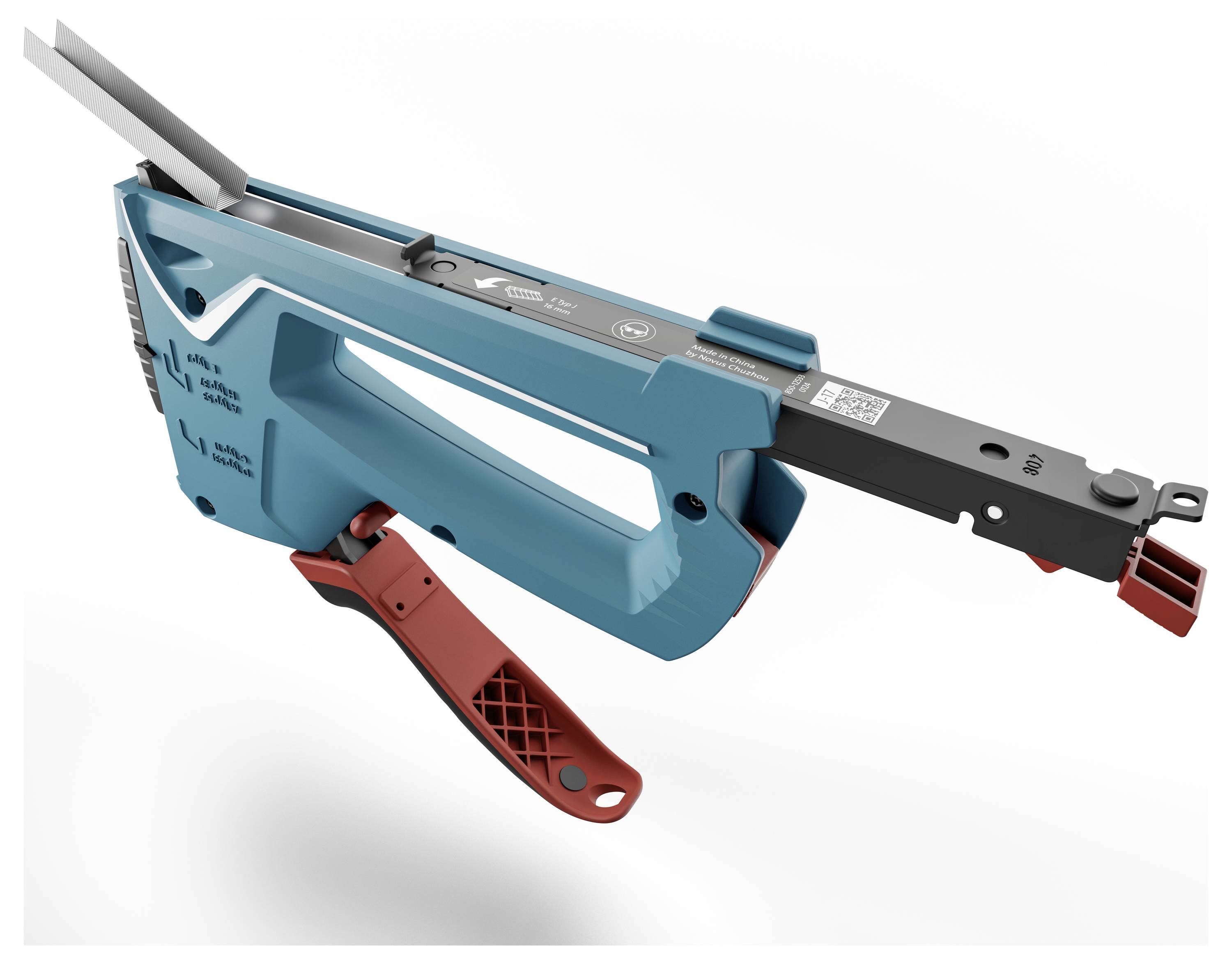 Niebiesko-czerwone elektryczne narzędzie z długą rękojeścią i przyłączem kabla. Odpowiednie do zastosowań przemysłowych.