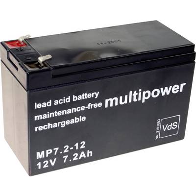 Akumulator kwasowo-ołowiowy z napisem 'multipower', 12V, 7,2Ah, bezobsługowy, możliwy do ładowania ponownego.