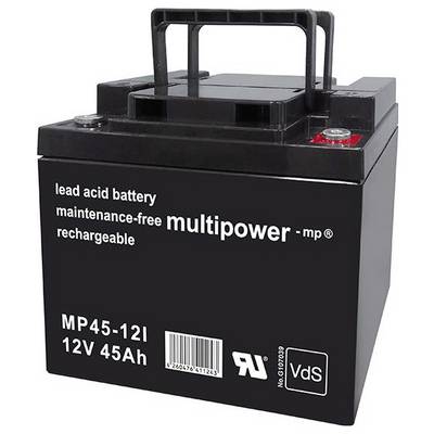 Czarny akumulator ołowiowo-kwasowy 12V o pojemności 45Ah. Napis: 'multipower - mp', 'bezobsługowy', widoczny na przedniej stronie.
