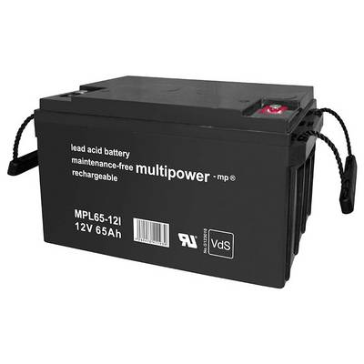 Bezobsługowy akumulator ołowiowo-kwasowy, 12V 65Ah, marka 'Multipower', model MPL65-12I, z uchwytami do przenoszenia po obu stronach.