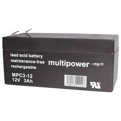Czarny akumulator marki 'multipower - mp'. Napis: 'akumulator ołowiowy, bezobsługowy, do ładowania'. Model: MPC3-12, 12V, 3Ah.