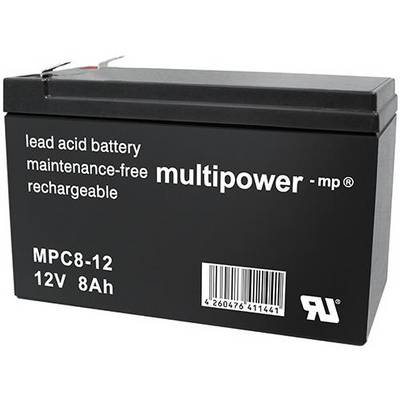 Czarna bateria ołowiowo-kwasowa z nadrukiem 'bateria ołowiowo-kwasowa, bezobsługowa, wielozadaniowa, ładowalna, MPC8-12, 12V 8Ah'.