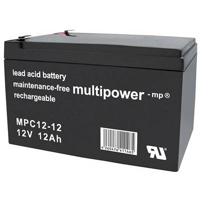 Czarna bateria ołowiowo-kwasowa, bezobsługowa, ładowalna, 'multipower mp'. Model: MPC12-12, 12V 12Ah. Kod QR na boku.