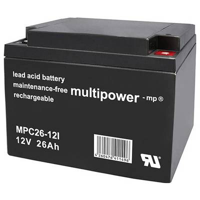 Czarna bateria ołowiowo-kwasowa, bezobsługowa, ładowalna, model MPC26-12I, 12V, 26Ah.