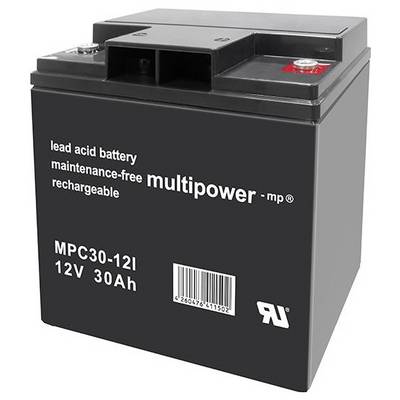 Bezobsługowy akumulator ołowiowy 12V o pojemności 30Ah, marka Multipower. Czarna obudowa, idealny do długotrwałego zasilania.