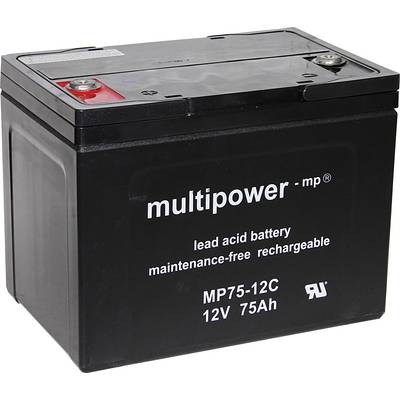 Akumulator kwasowo-ołowiowy firmy Multipower, bezobsługowy, model MP75-12C, 12V 75Ah, obudowa w kolorze czarnym z zaciskami czerwonymi i czarnymi.