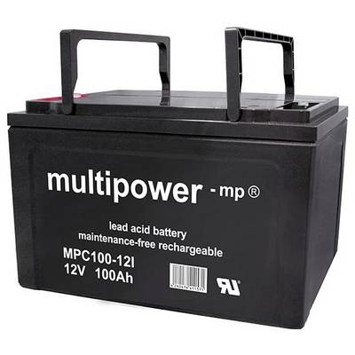 Czarna bateria kwasowo-ołowiowa marki 'multipower', model MPC100-12I, 12V, 100Ah, bezobsługowa, z dwoma uchwytami na górze.