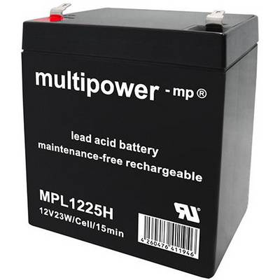 Czarna bateria ołowiowo-kwasowa z napisem 'multipower - mp, bateria ołowiowo-kwasowa, bezobsługowa, do ładowania', model MPL1225H, 12V23W/ogniwo/15min.