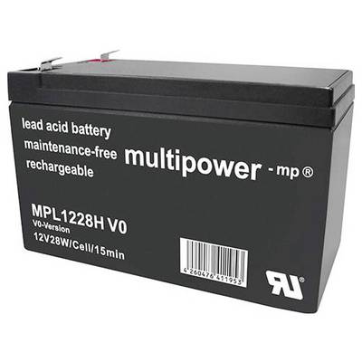 Czarna bateria ołowiowo-kwasowa firmy Multipower, z napisem „bezobsługowa, ładowalna, 12V 28W/ogniwo/15min".