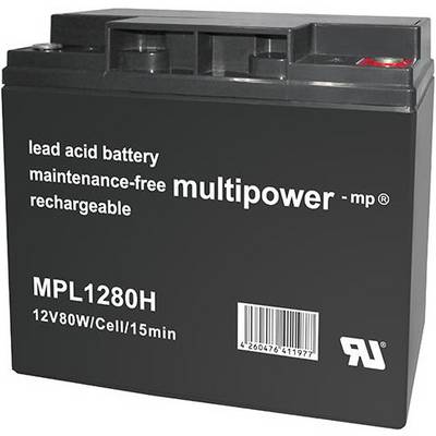 Czarna bateria ołowiowo-kwasowa z napisem 'bateria ołowiowo-kwasowa, bezobsługowa, multipower - mp, ładowalna, MPL1280H, 12V80W/Cell/15min'.