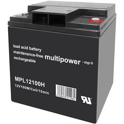 Czarna bateria ołowiowo-kwasowa z napisem 'akumulator ołowiowo-kwasowy bezobsługowy, do wielokrotnego ładowania, wielomocowy'. Model MPL12100H.