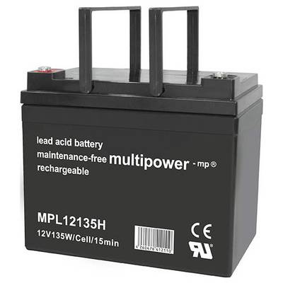 Akumulator kwasowo-ołowiowy 'Multipower MPL12135H', bezobsługowy i możliwy do ładowania, 12V 135W, obudowa w kolorze czarnym z uchwytami i certyfikatem CE.