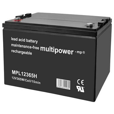 Czarna bateria ołowiowo-kwasowa, bezobsługowa, możliwa do ładowania, model MPL12365H, 12V, 365 watogodzin.