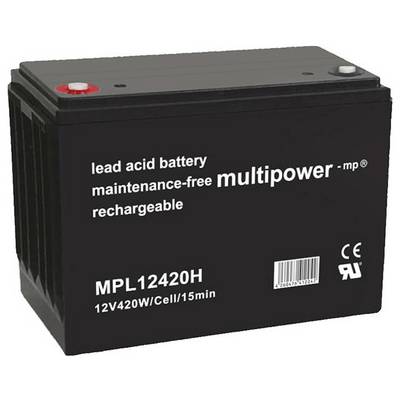 Czarna bateria ołowiowo-kwasowa 'multipower' MPL12420H, 12V 420W. Bezobsługowa i ładowalna, z certyfikatami CE i RU.