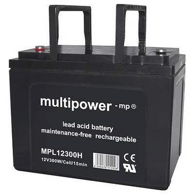 Czarna bateria ołowiowo-kwasowa, model MPL12300H, 12V, 300W, bezobsługowa i ładowalna, firmy 'multipower'.