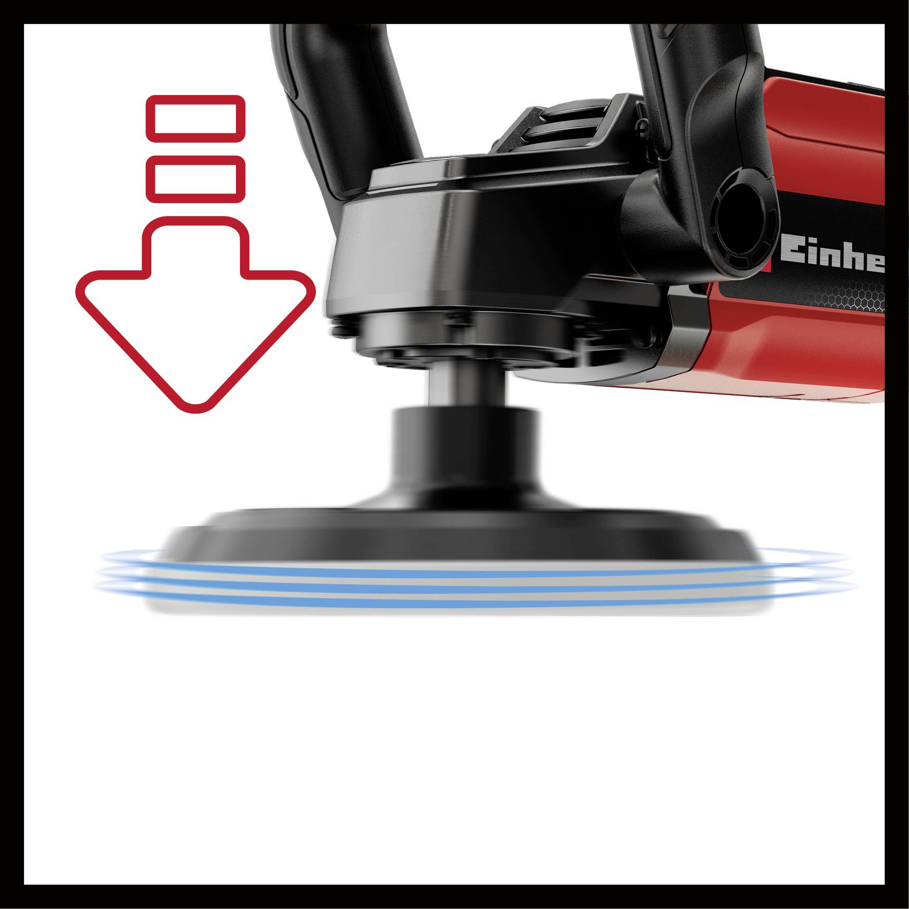 Elektryczne urządzenie polerskie w zbliżeniu. Strzałka skierowana w dół symbolizuje nacisk wywierany na polerowaną powierzchnię.