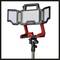 Lampa robocza LED Einhell z regulowanymi skrzydłami bocznymi na statywie, odpowiednia do elastycznego oświetlania warsztatów lub placów budowy.