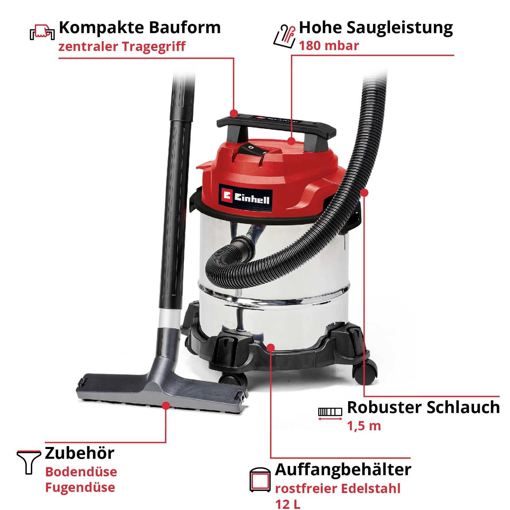 Пилосос для вологого та сухого прибирання Einhell TC-VC 1812/1 S 2342500 12 л 1 шт.