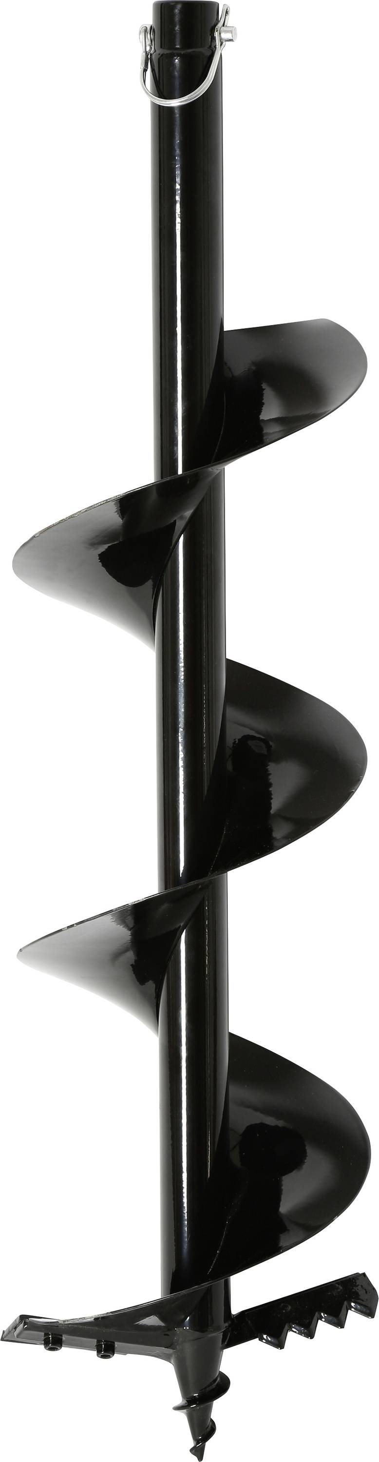 Czarny świder glebowy z ostrzem w kształcie spirali do uprawy gleby. U góry zatrzask, na dole ostry czubek do wiercenia.