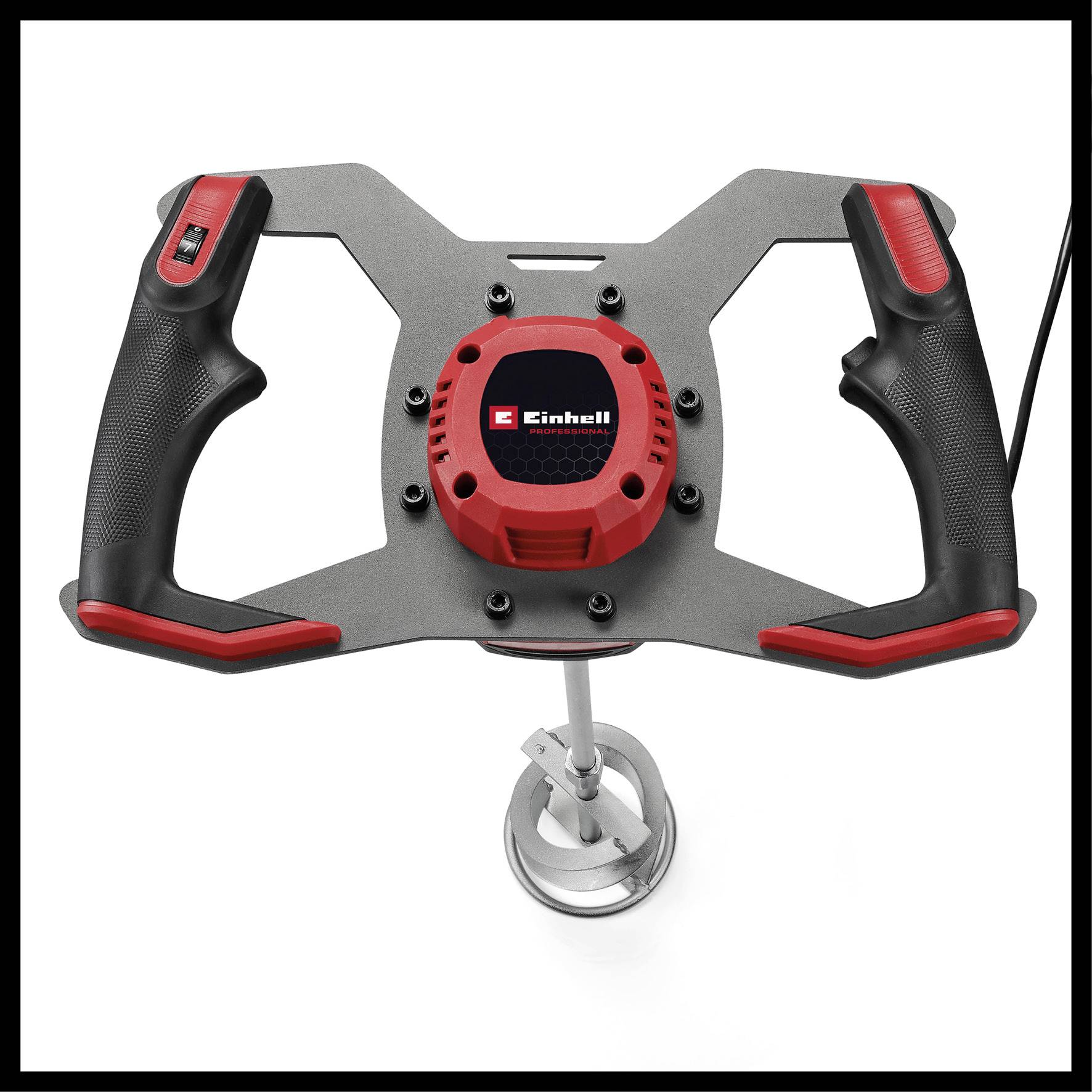 Elektryczny mieszalnik do zaprawy z czerwonym i czarnym uchwytem oraz dużym narzędziem mieszającym poniżej, odpowiedni do prac budowlanych.