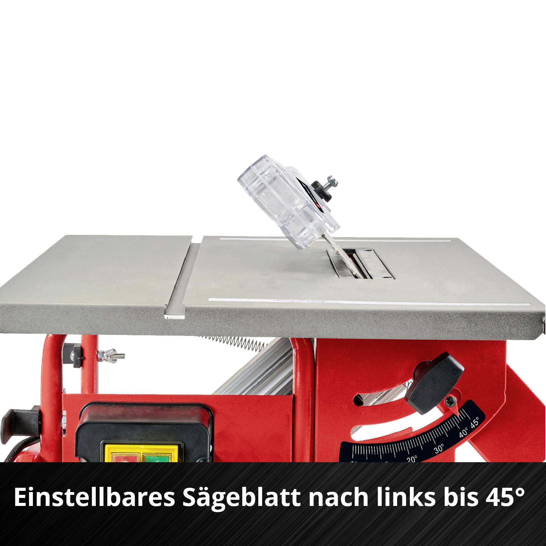 'Regulowana piła tarczowa, nachylana w lewo do 45 stopni, rzucająca się w oczy czerwona maszyna.'