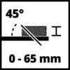 Rysunek przedstawia symbol wskazujący na pochylenie tarczy piły tarczowej pod kątem 45 stopni do cięcia, odpowiedni dla materiałów o grubości do 65 mm.