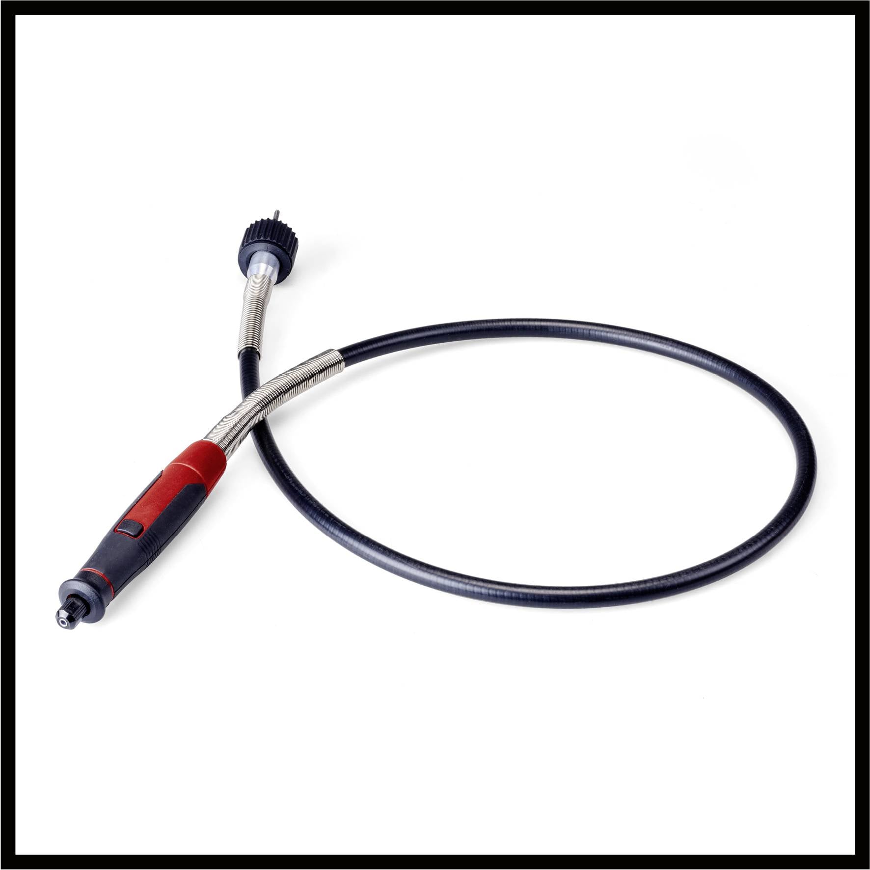 Elastyczny uchwyt wiertarski z uchwytem w kolorach czerwonym i czarnym oraz metalowym grotem, odpowiedni do pracy w trudno dostępnych miejscach.