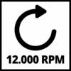 Czarny symbol strzałki w kole wskazuje obroty w prawo przy opisie '12.000 obr./min'.
