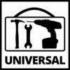 Logo z symbolami narzędzi: Młotek, klucz i wiertarka, pod spodem napis 'UNIVERSAL'.