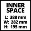 'INNER SPACE' następnie wymiary: długość 388 mm, szerokość 282 mm, wysokość 195 mm.