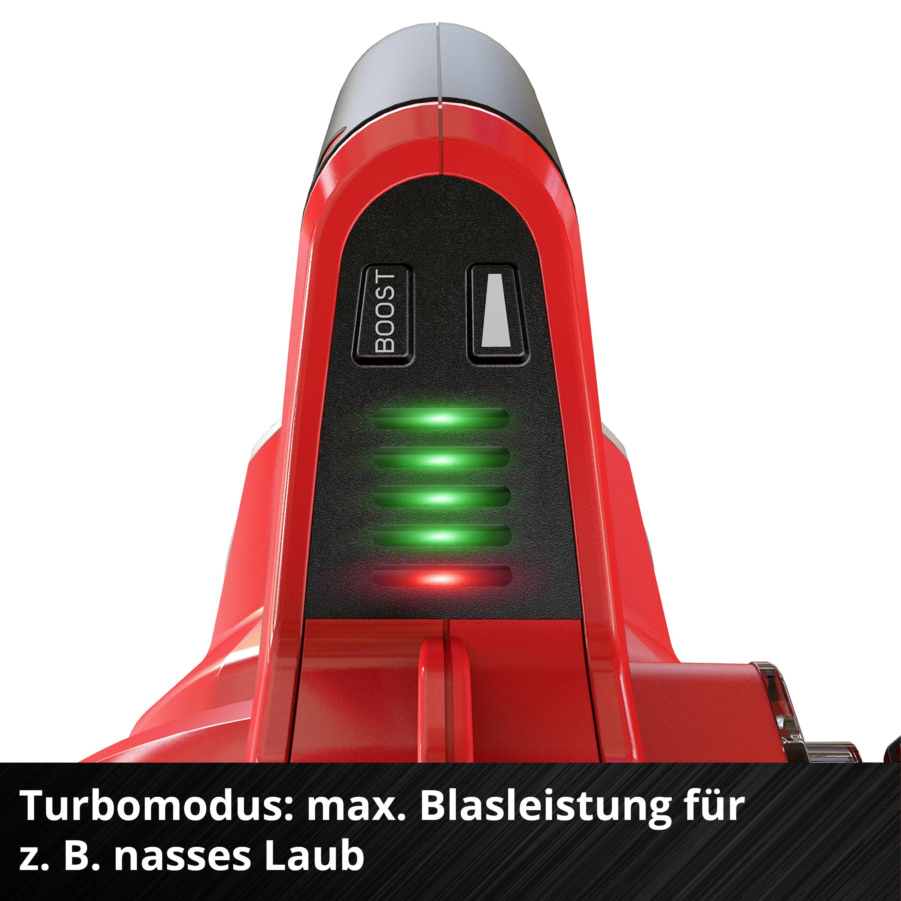 'Turbomodus: maks. wydajność dmuchania np. dla mokrych liści' pokazuje ustawienie turbodoładowania dmuchawy, z zielonymi wskaźnikami intensywności.