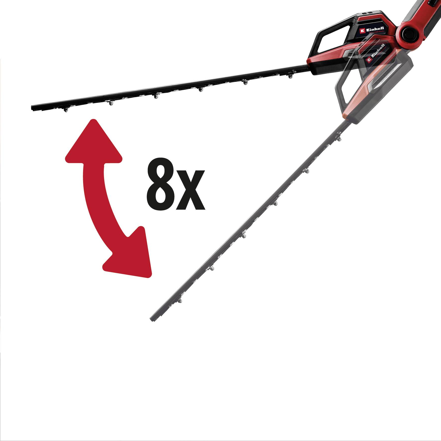 Elektryczny sekator do żywopłotu o czerwono-czarnym designie prezentuje ostrze, które można regulować w 8 różnych pozycjach. Czerwona strzałka symbolizuje możliwość regulacji.