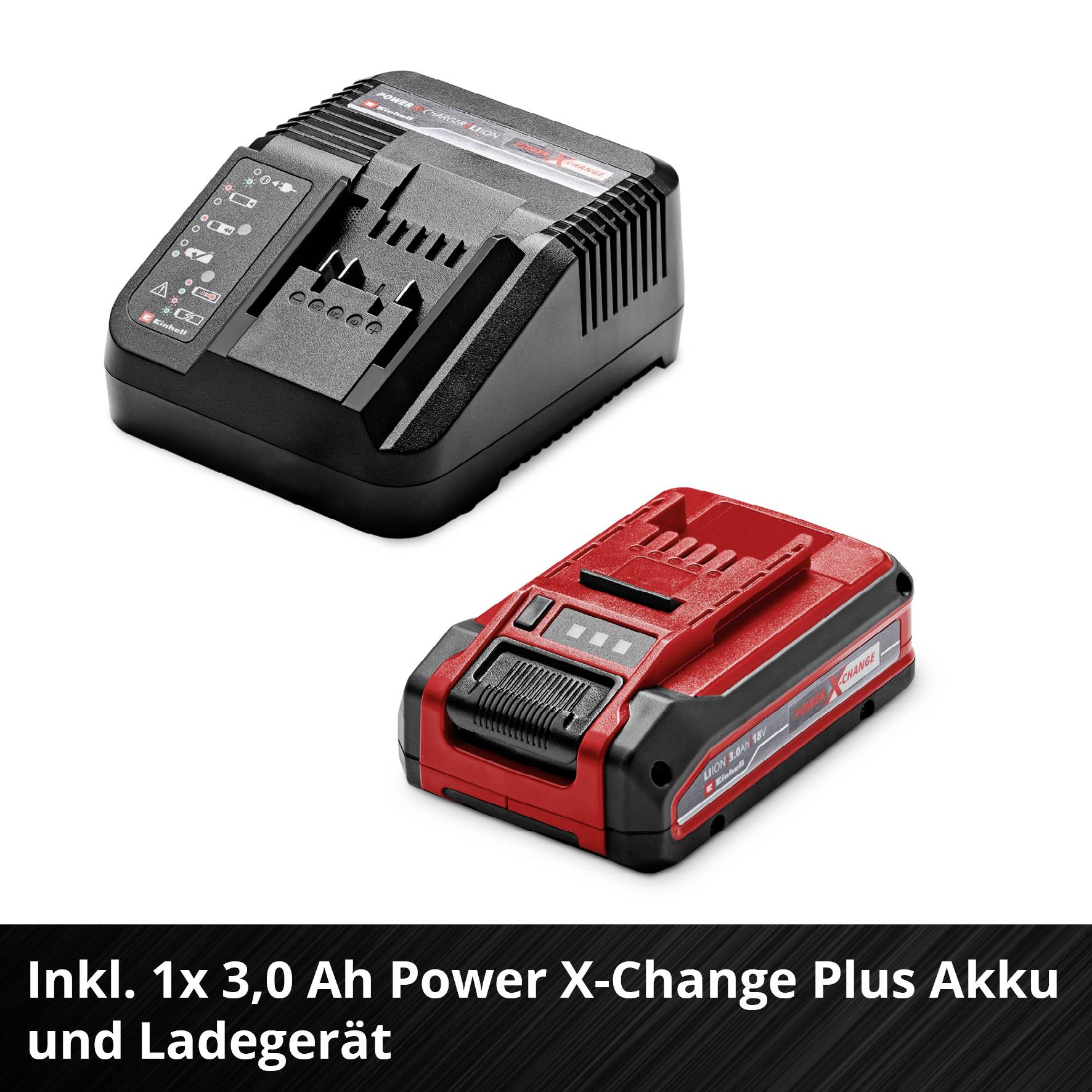 Zestaw akumulatora i ładowarki, składający się z akumulatora Power X-Change Plus o pojemności 3,0 Ah oraz dopasowanej ładowarki.