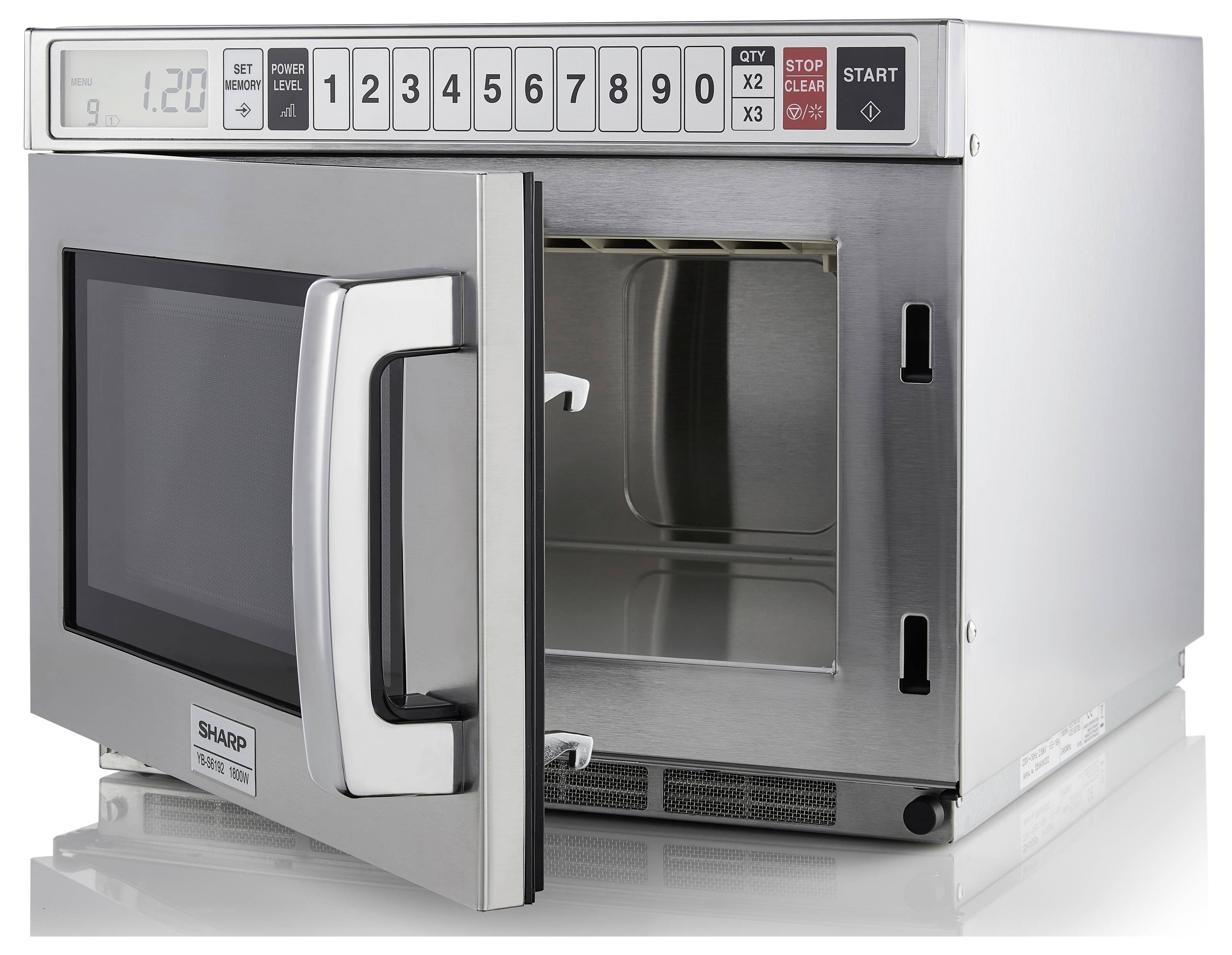 Mikrofalówka z otwartymi drzwiczkami i klawiaturą numeryczną od 1 do 9. Wyświetlacz pokazuje '1:28'. Główne funkcje: ustawienie czasu, wybór mocy.