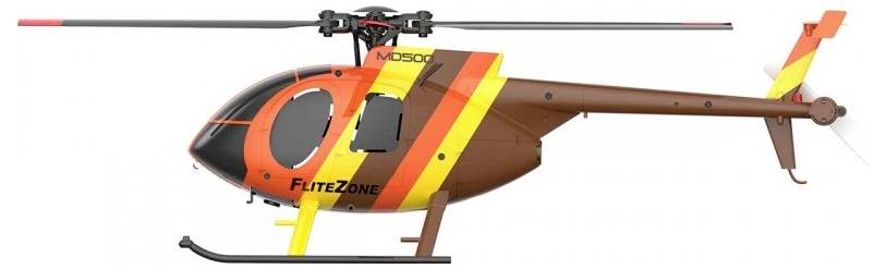 Model helikoptera z czerwonymi, pomarańczowymi i żółtymi pasami oznaczony „FliteZone", wyposażony w opływową konstrukcję korpusu i wirnik na górze.