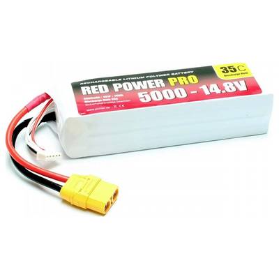 Akumulator litowo-polimerowy z napisem 'Red Power Pro, 5000-14.8V, 35C'. Widoczny żółty złącz i kabel do zasilania.