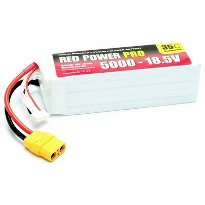 Akumulator litowo-polimerowy 'RED POWER PRO', 5000mAh, 18,5V, 35C, z żółtym złączem i przewodami, odpowiedni do modelarstwa.