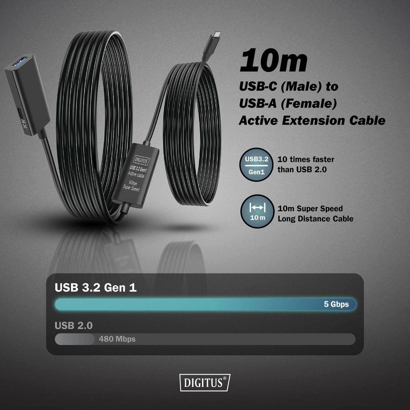 Digitus Kabel USB USB 3.2 Gen1, USB 3.2 Gen1, USB 3.0 USB-C®, Złącze męskie USB-C®, Złącze żeńskie USB-A 10.00 m czarny -4