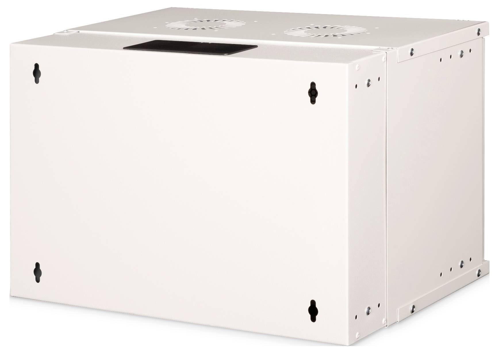 Białe metalowe pudełko z otworami wentylacyjnymi na górze i otworami montażowymi po bokach, prawdopodobnie przeznaczone do instalacji elektrycznych.