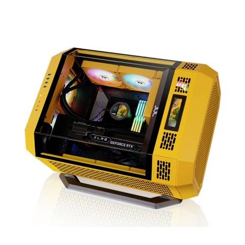Żółta obudowa komputera do gier z przezroczystym oknem prezentuje kartę graficzną GeForce RTX oraz kolorowe podświetlenie RGB wewnątrz.