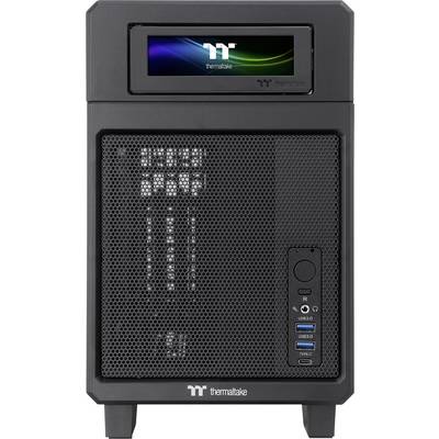 Czarny tower obudowy komputerowej z logo Thermaltake, portami USB i kratkami wentylacyjnymi na przedniej ścianie.
