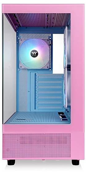 Różowa obudowa komputera z widoczną ścianką boczną, niebieskie wnętrze, dwa duże wentylatory, jeden świecący kolorowo.