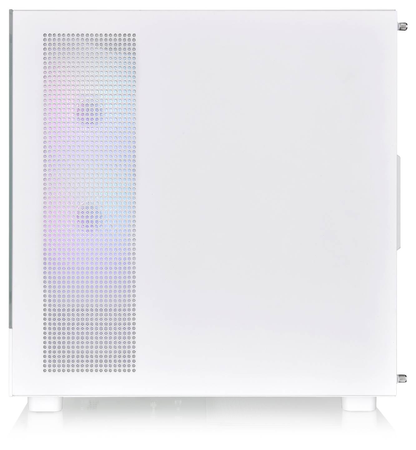 Białe obudowa komputera z przezroczystym oknem bocznym prezentuje dwa zainstalowane kolorowe wentylatory oraz przestronne wnętrze dla podzespołów.