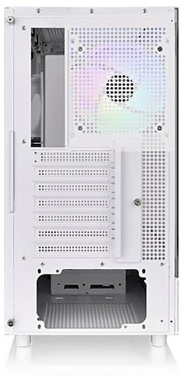 Tylna strona białej obudowy komputera z podświetlanym RGB wentylatorem na górze. Widoczne są sloty na karty rozszerzeń oraz zasilacz u dołu.